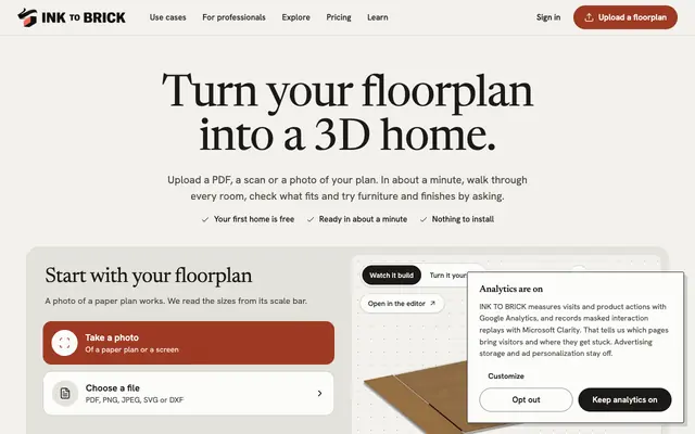 Screenshot of Turn a floor plan into a 3D home model · INK TO BRICK