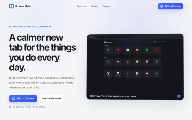 Screenshot of BrowserMate — A calmer, more useful new tab