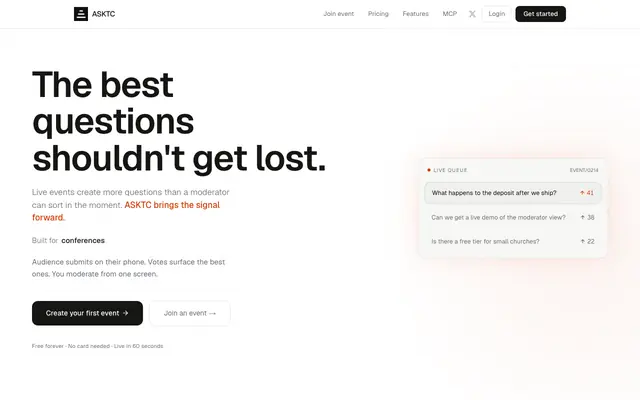 Screenshot of ASKTC — Live Q&A that actually works.