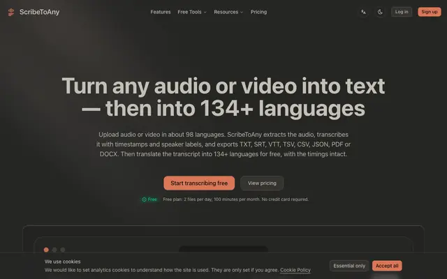 Screenshot of ScribeToAny — Free Audio & Video to Text Transcription