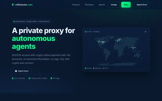 Screenshot of x402socks.com - SOCKS5 Proxy for AI Agents