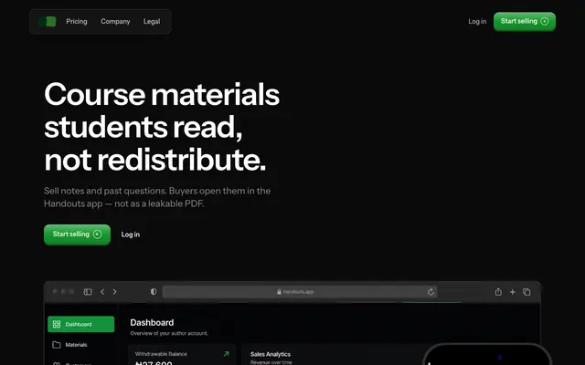 Screenshot of Handouts — Course materials students read, not redistribute