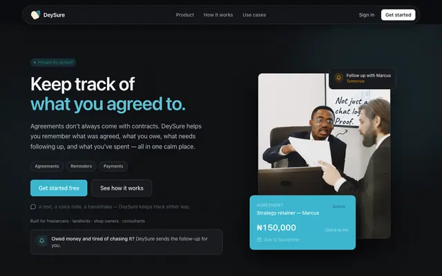 Screenshot of DeySure — Track every agreement, task, and expense with clarity