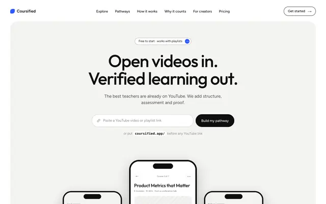 Screenshot of Coursified — Open videos in. Verified learning out.