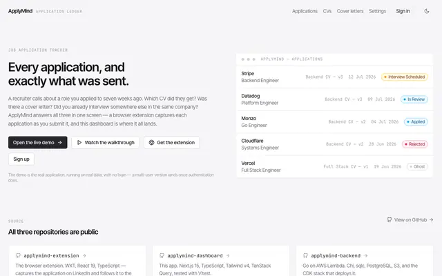 Screenshot of ApplyMind — every application, and exactly what was sent