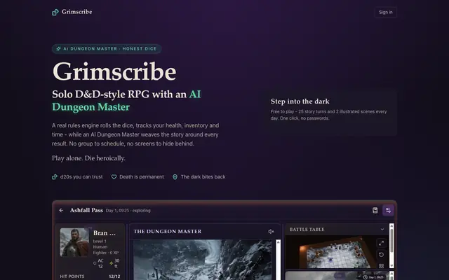 Screenshot of Grimscribe - solo D&D-style RPG with an AI Dungeon Master
