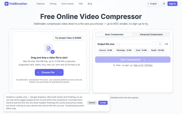 Screenshot of Free Online Video Compressor — Any Target Size | VidSmaller