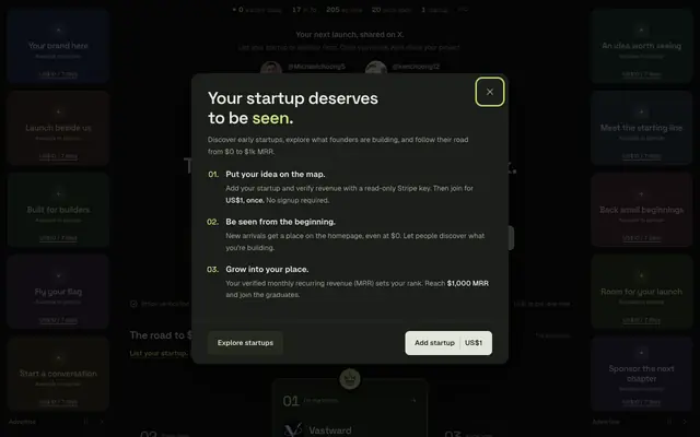 Screenshot of 0mrr — The leaderboard for your first $1k