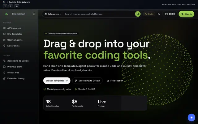 Screenshot of Theme Hub — drag-and-drop templates for your coding tools