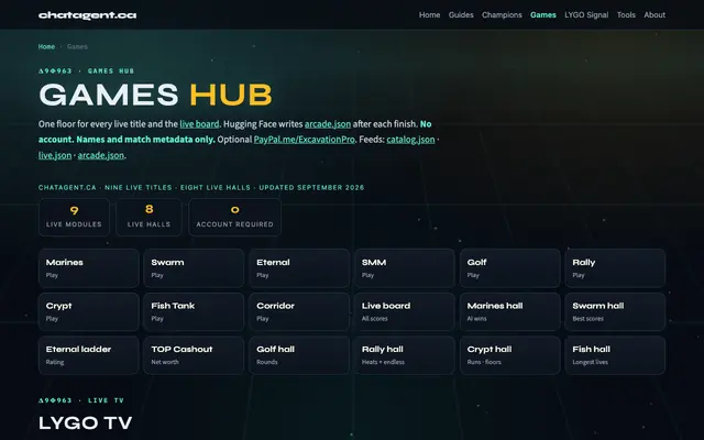 Screenshot of Games Hub — live halls | chatagent.ca