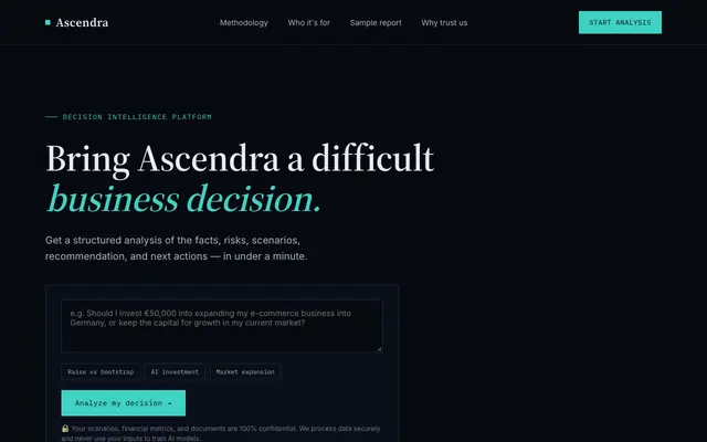 Screenshot of Ascendra — Decision Intelligence for High-Stakes Business Decisions