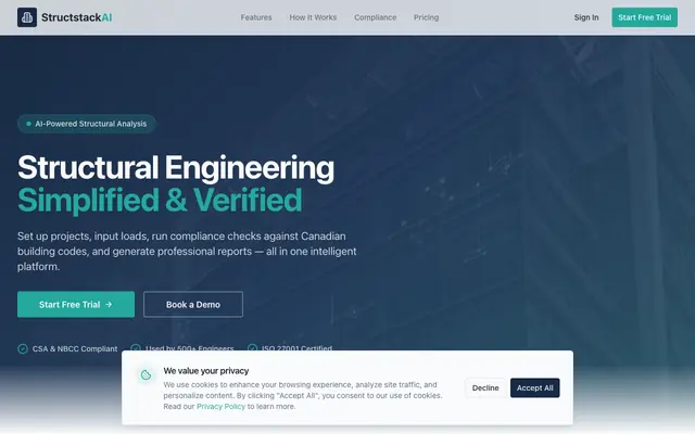 Screenshot of StructstackAI | AI-Powered Structural Engineering Platform
