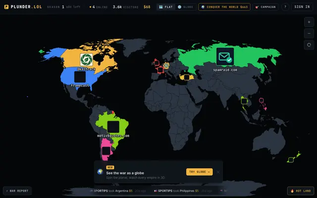 Screenshot of plunder.lol — every country is for sale