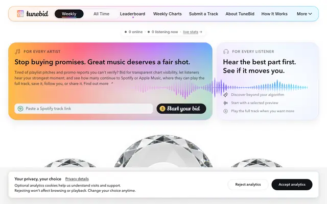 Screenshot of TuneBid — Music Discovery & Transparent Music Charts