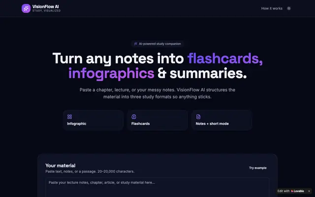 Screenshot of VisionFlow AI — Turn notes into flashcards, infographics & summaries
