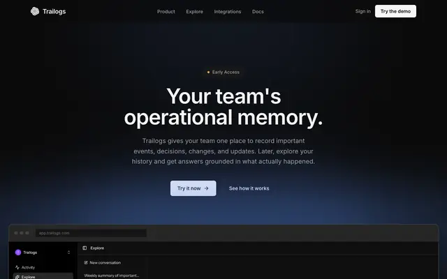 Screenshot of Trailogs — Your team's operational memory