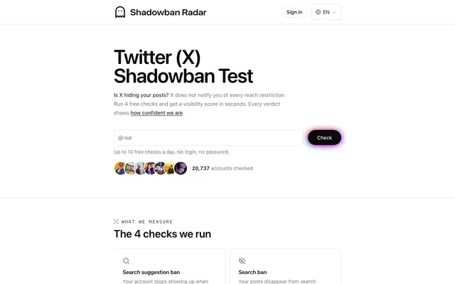Screenshot of Twitter (X) Shadowban Test & Checker | Shadowban Radar