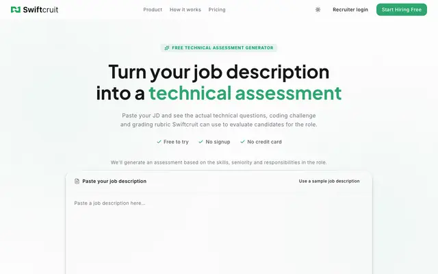 Screenshot of Free Assessment Question Generator | Swiftcruit | Swiftcruit