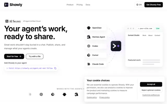 Screenshot of Showly · Website hosting for AI-created sites
