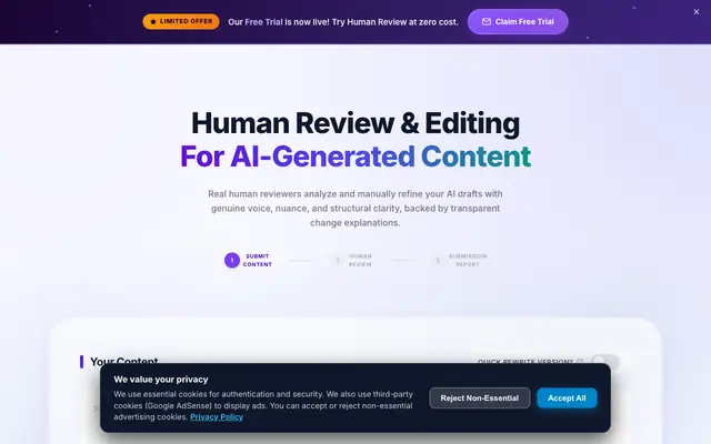Screenshot of Human Review & Editing Service for AI-Generated Content | WeCatchAI