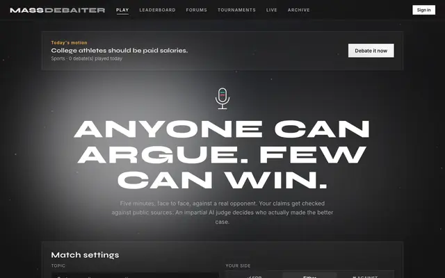 Screenshot of MASSDEBAITER — live video debates, fact-checked and AI-judged