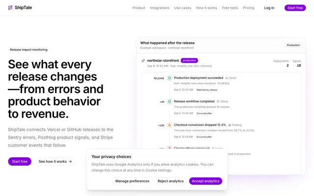 Screenshot of Release Impact Monitoring for SaaS Teams | ShipTale
