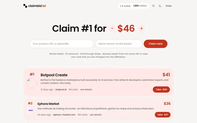 Screenshot of claimbid.lol · One board. Rank is what you pay.