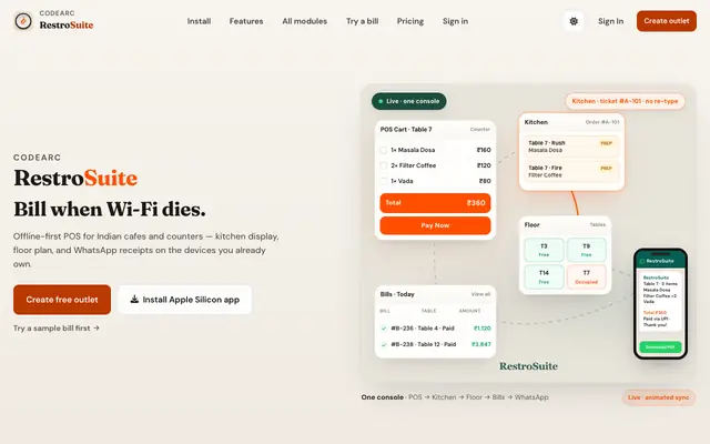 Screenshot of RestroSuite — Offline-First Restaurant POS & Billing