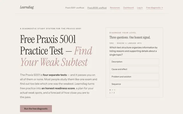 Screenshot of Free Praxis 5001 Practice Test & Diagnostic | Learndiag