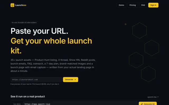 Screenshot of Launchbee — paste a URL, get your whole launch kit