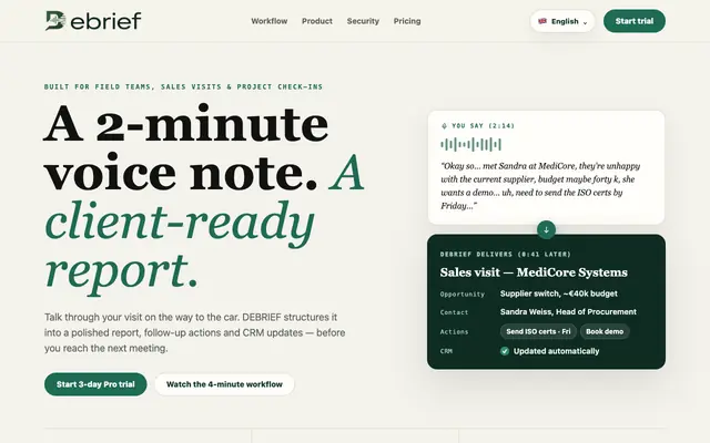 Screenshot of DEBRIEF - Voice reports for customer visits
