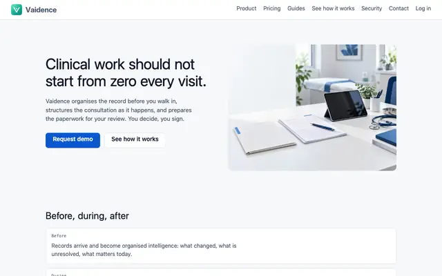 Screenshot of Vaidence AI — Personal care, prepared before every visit