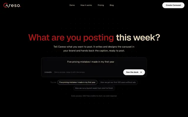Screenshot of Careso | Post every week. Look like one brand.