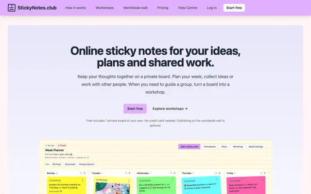 Screenshot of Online sticky notes for ideas, plans and workshops - StickyNotes.club