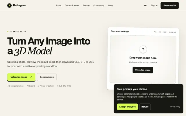 Screenshot of Turn Any Image Into a 3D Model | Reforgers