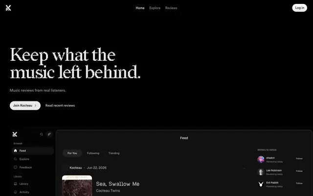 Screenshot of Music reviews from real listeners | Kocteau