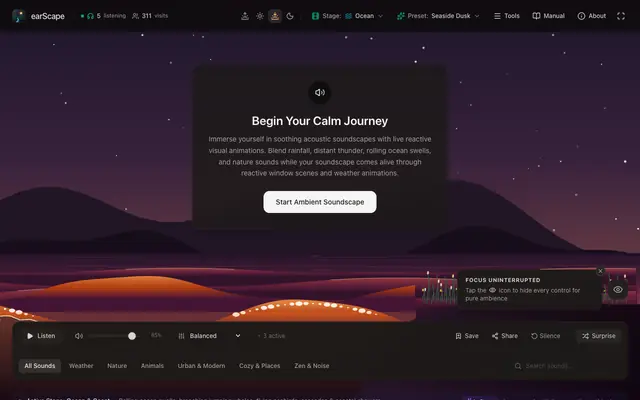 Screenshot of earScape | Animated Ambient Sound Mixer – Study, Sleep & Focus