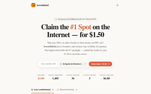 Screenshot of lowestbid.lol — The Anti-Outbid Billboard Leaderboard