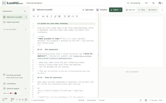 Screenshot of iLoveMd.tech — Markdown editor, preview, annotations and export
