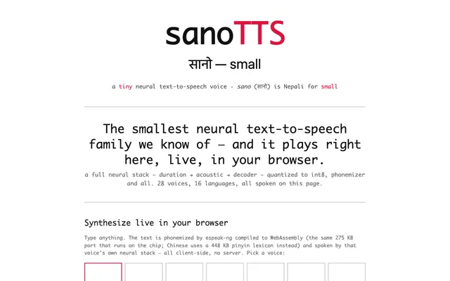 Screenshot of sanoTTS — a tiny neural voice