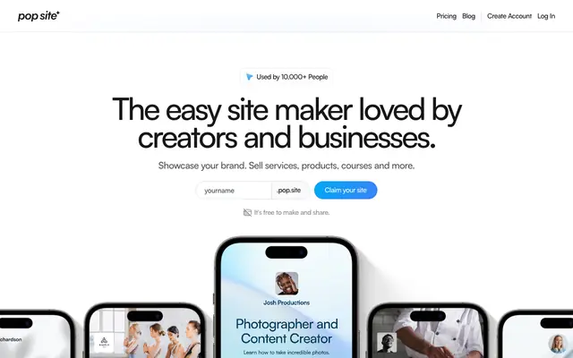 Screenshot of Pop Site - Make your free personal site. For Creators, Freelancers & Businesses