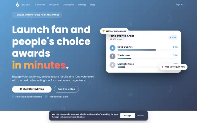 Screenshot of Fan Awards Voting Platform — Run Fan Choice Awards Online | Izivote