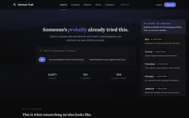 Screenshot of Venture Trail: see who's already tried your startup idea