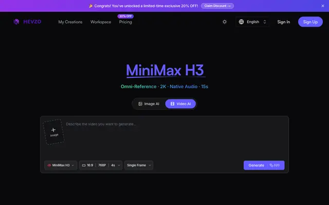 Screenshot of MiniMax H3: AI Video Generator | hevzo.com