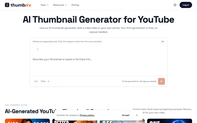 Screenshot of AI Thumbnail Generator for YouTube — Try Free | Thumbrix