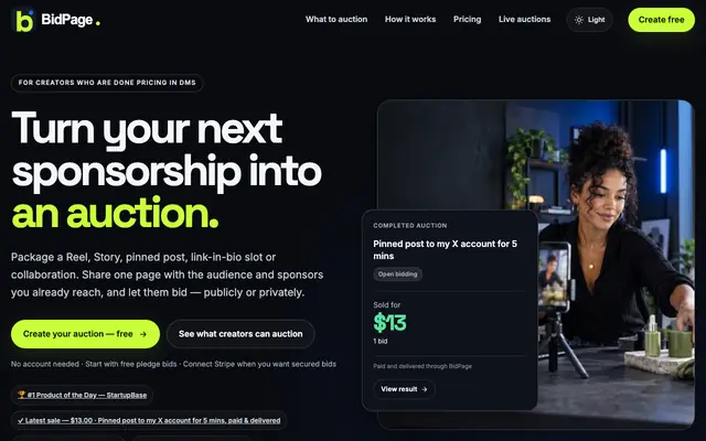 Screenshot of BidPage for Creators — Turn Your Next Sponsorship Into an Auction