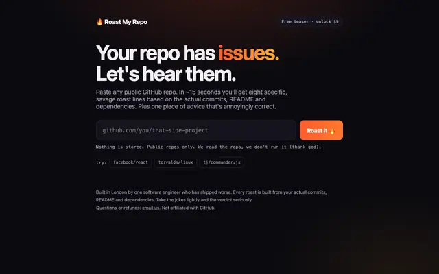 Screenshot of Roast My Repo: get your GitHub repo brutally reviewed