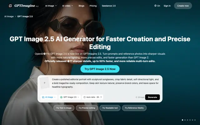 Screenshot of GPT Image 2.5 AI Generator | GPTImagine 2.5