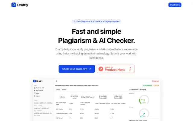 Screenshot of Draftly | Free Plagiarism Checker, AI Detector & Humanizer
