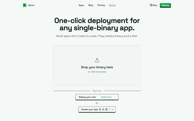 Screenshot of nibrun — one-click deployment for any single-binary app